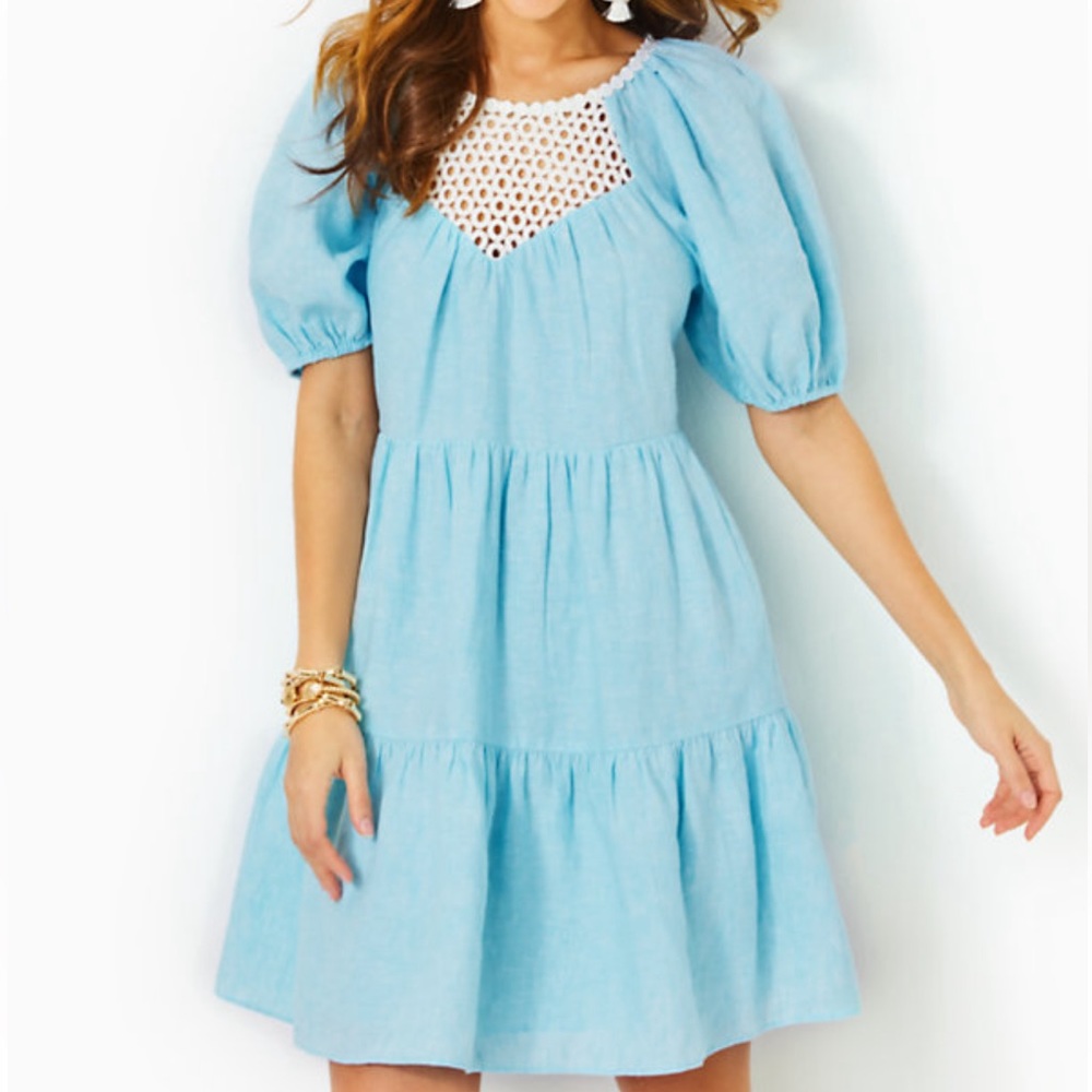 NWT Lilly Pulitzer Charlet short sleeve blue linen dress with pockets